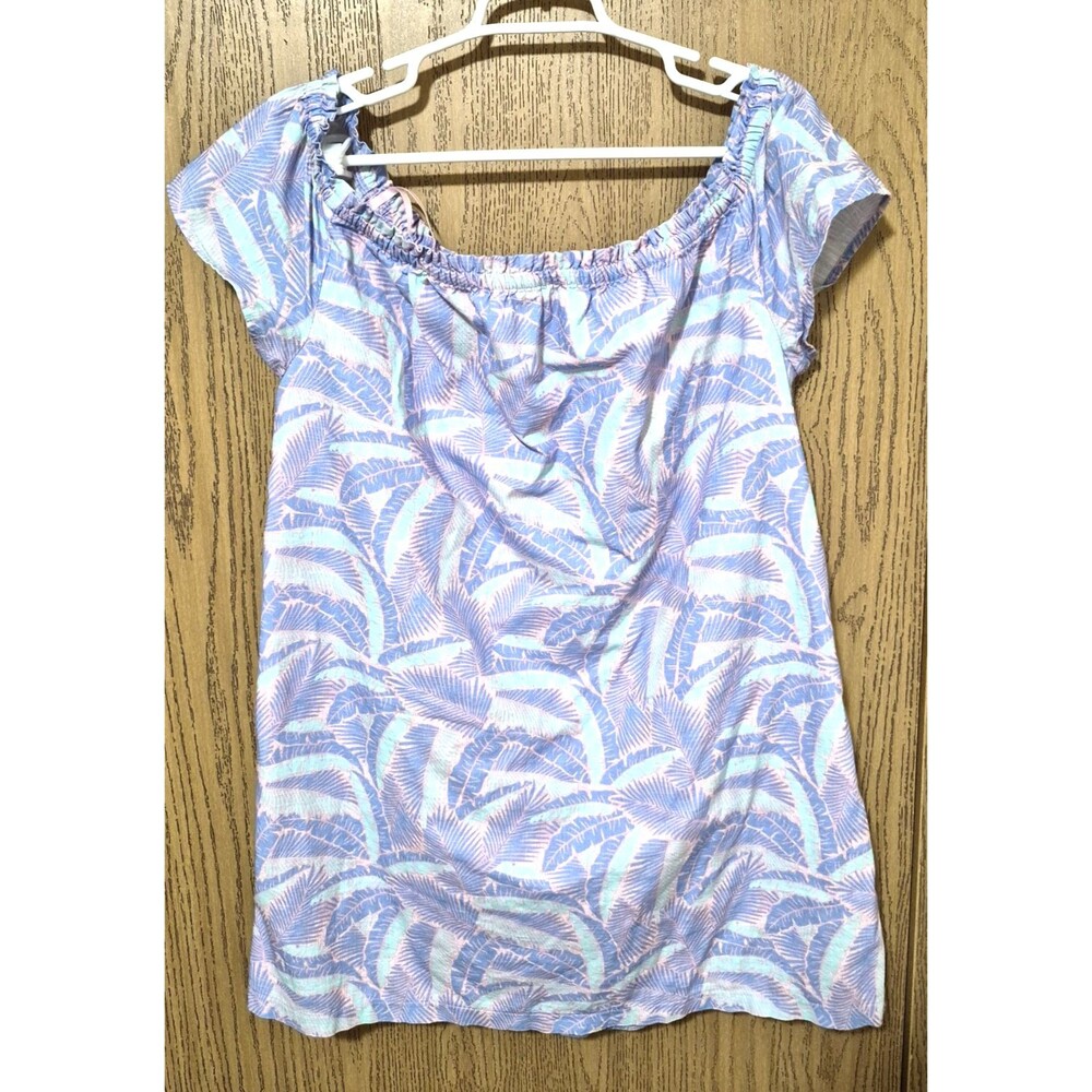 Vineyard Vines Short Off The Shoulder Cotton Dress Purple Pink Leaf Pattern L